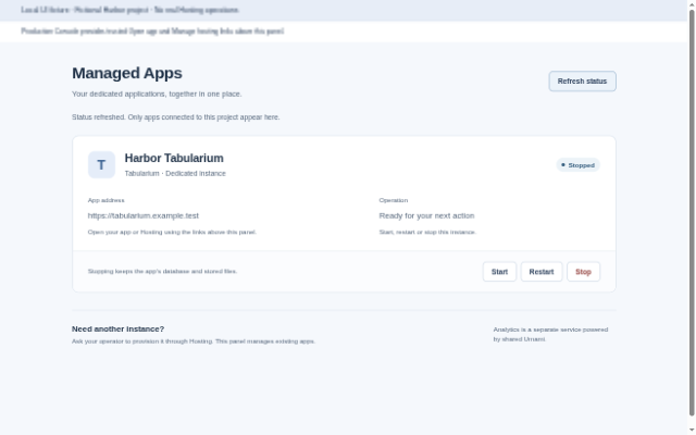 The same dedicated app shown as stopped after refreshing its status