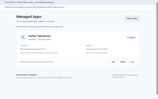 The same dedicated app shown as stopped after refreshing its status