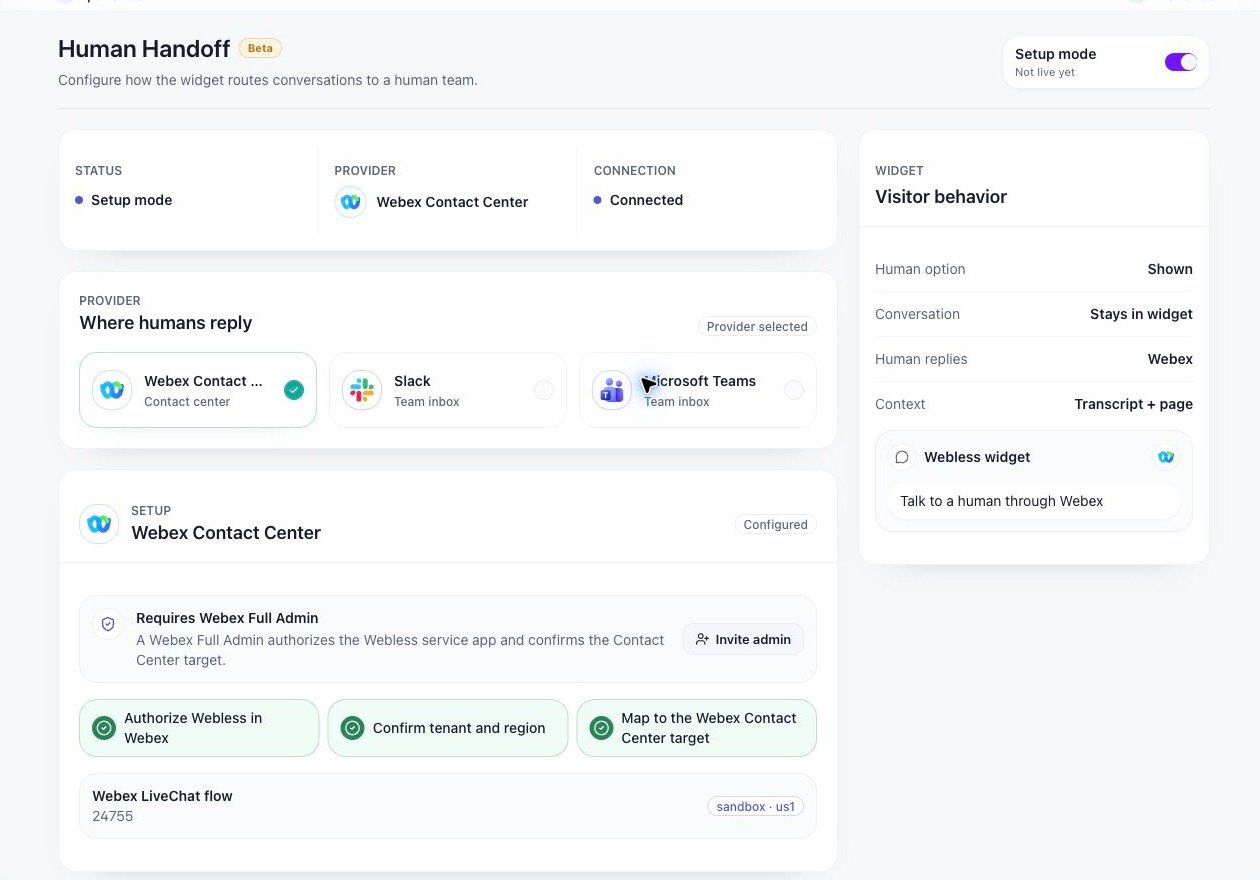 Human Handoff setup in Webless Console