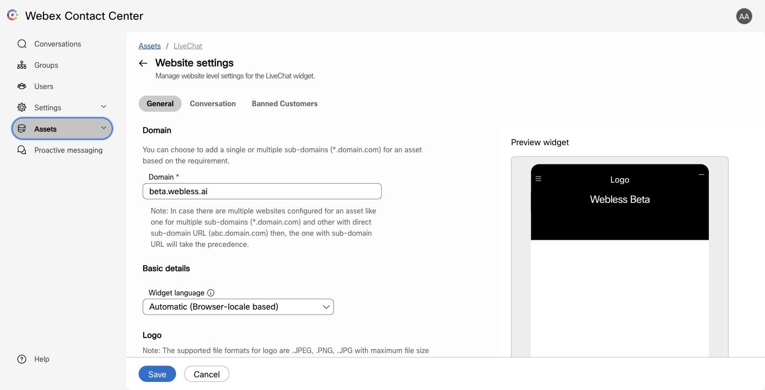 Webex Contact Center website domain settings