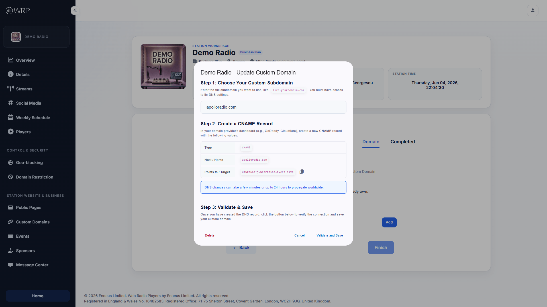 Custom Domain Setup Dialog
