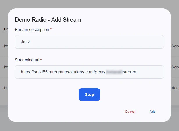 Add and Test Stream Modal