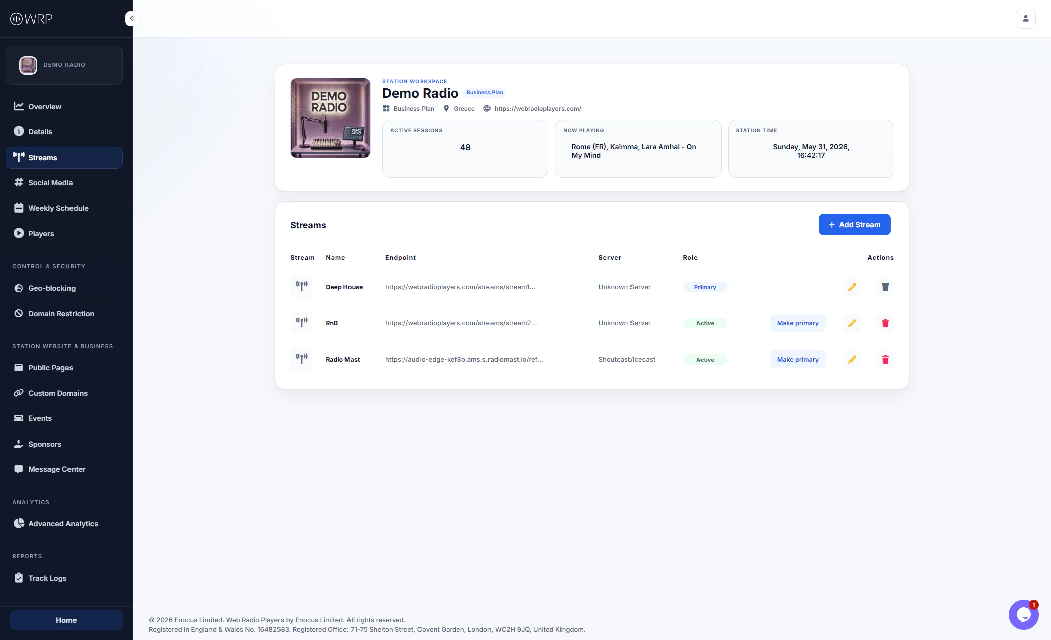 Streams Management Dashboard