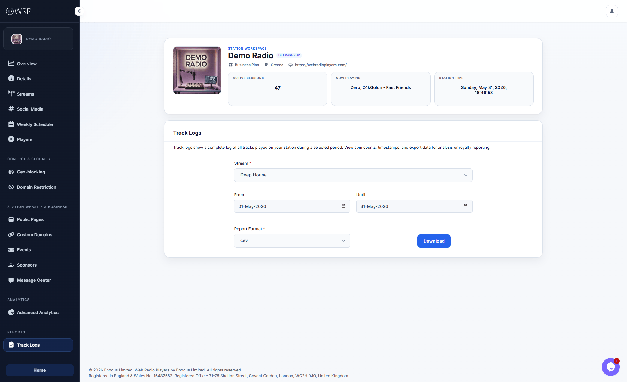 Track Logs Export Dashboard