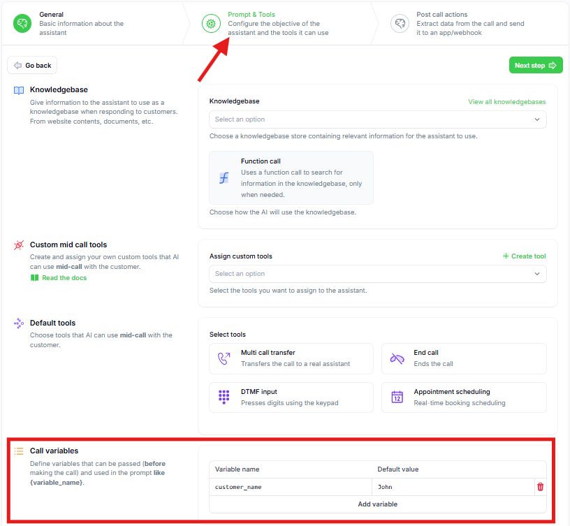Navigation zum Tab Prompts und Tools