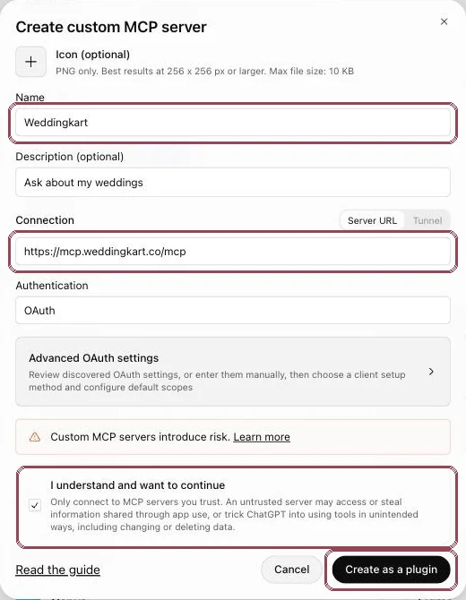 Create custom MCP server form filled in with Weddingkart and the connector URL