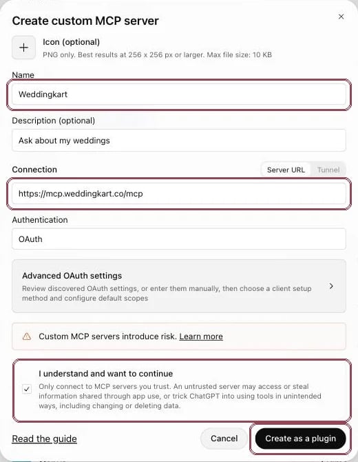 Create custom MCP server form filled in with Weddingkart and the connector URL