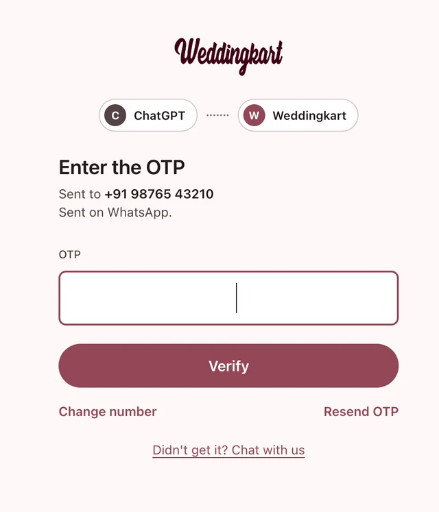 Weddingkart OTP page for ChatGPT