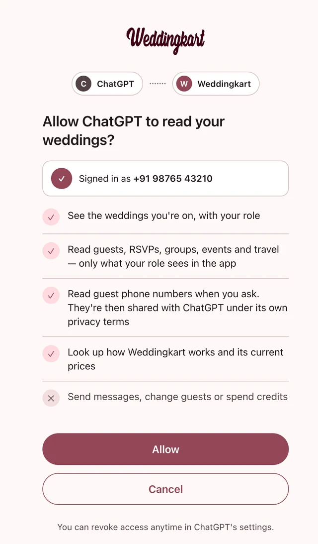 Weddingkart permission page for ChatGPT