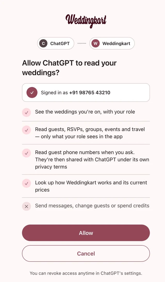 Weddingkart permission page for ChatGPT