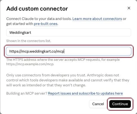Add custom connector dialog with the name Weddingkart and the connector URL