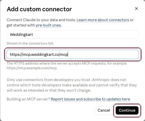 Add custom connector dialog with the name Weddingkart and the connector URL