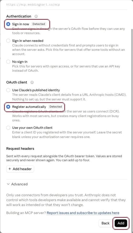 Connector settings with Sign in now and Register automatically detected