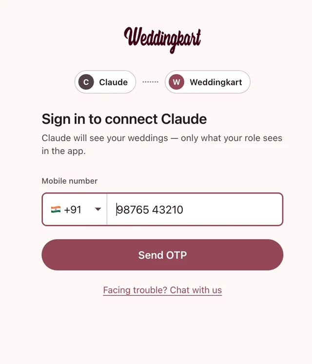 Weddingkart sign-in page asking for a mobile number