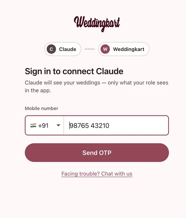 Weddingkart sign-in page asking for a mobile number