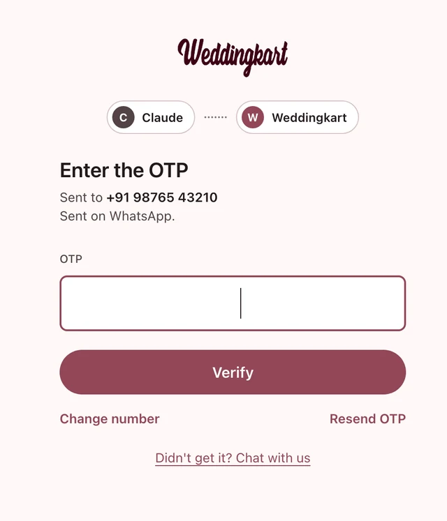 Weddingkart OTP page with Change number and Resend OTP
