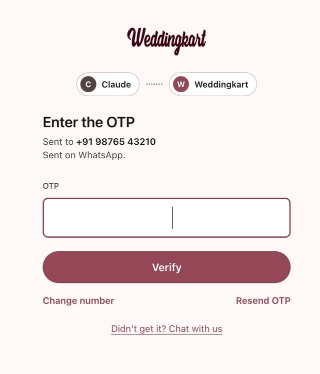 Weddingkart OTP page with Change number and Resend OTP