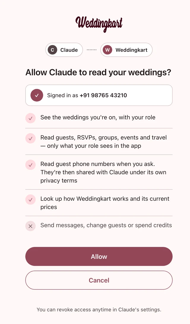 Weddingkart permission page listing what Claude can and cannot do