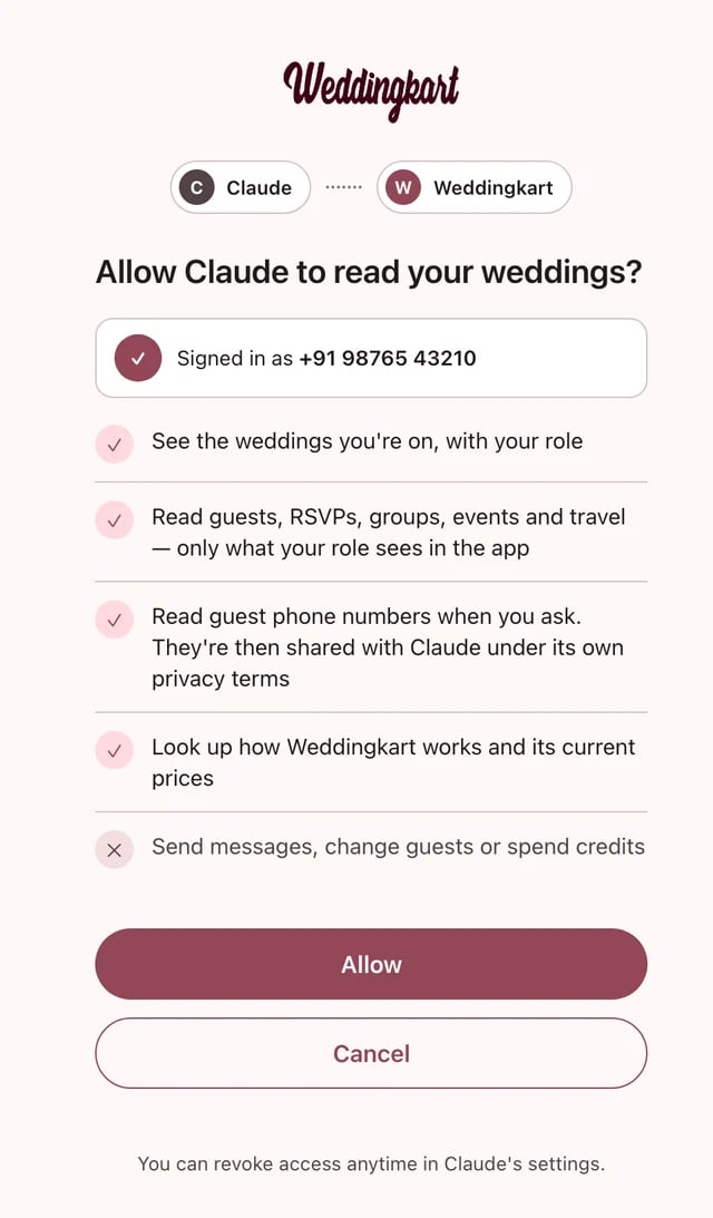 Weddingkart permission page listing what Claude can and cannot do