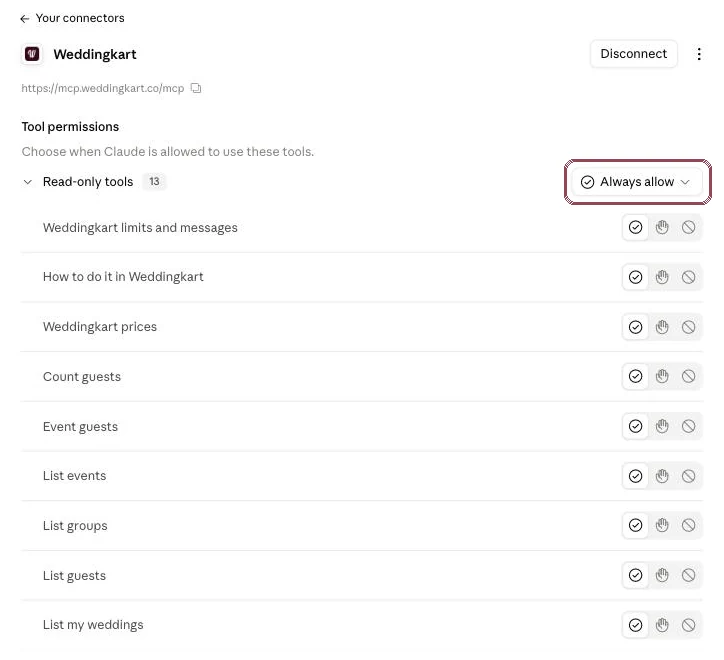Weddingkart tool permissions set to Always allow