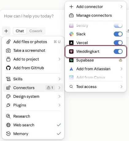 Claude chat menu with the Weddingkart connector switched on