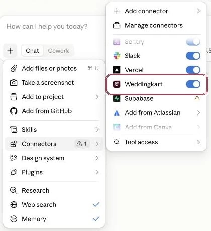 Claude chat menu with the Weddingkart connector switched on