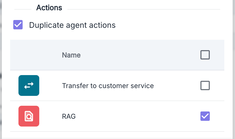 Form for selecting actions to duplicate
