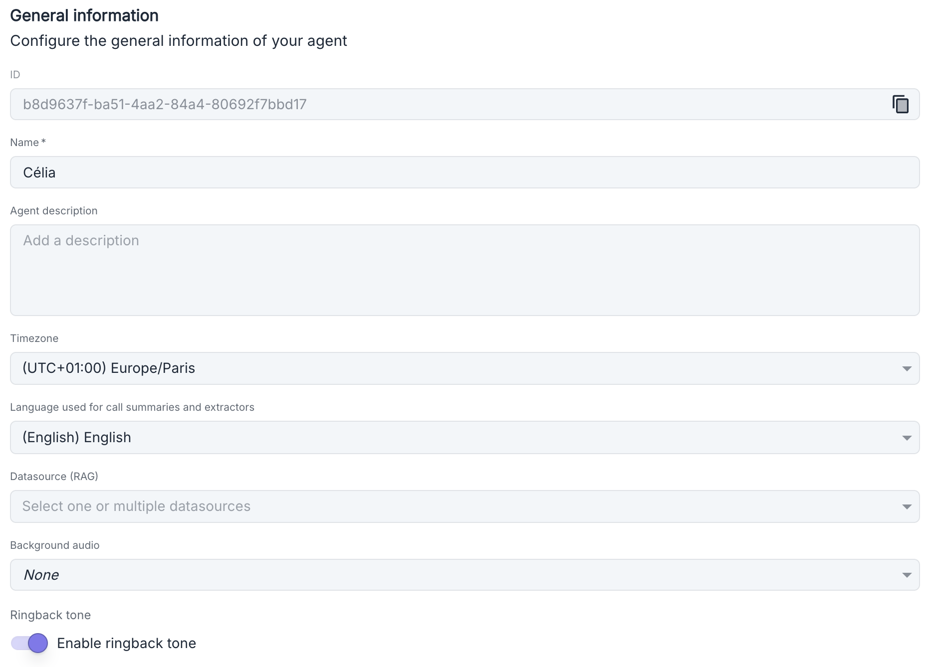 General information interface of the agent