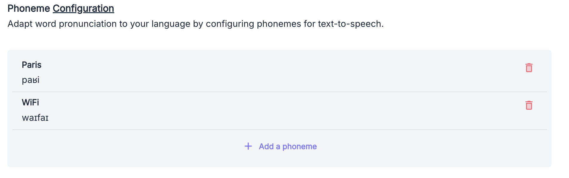 Interface de configuration des phonèmes
