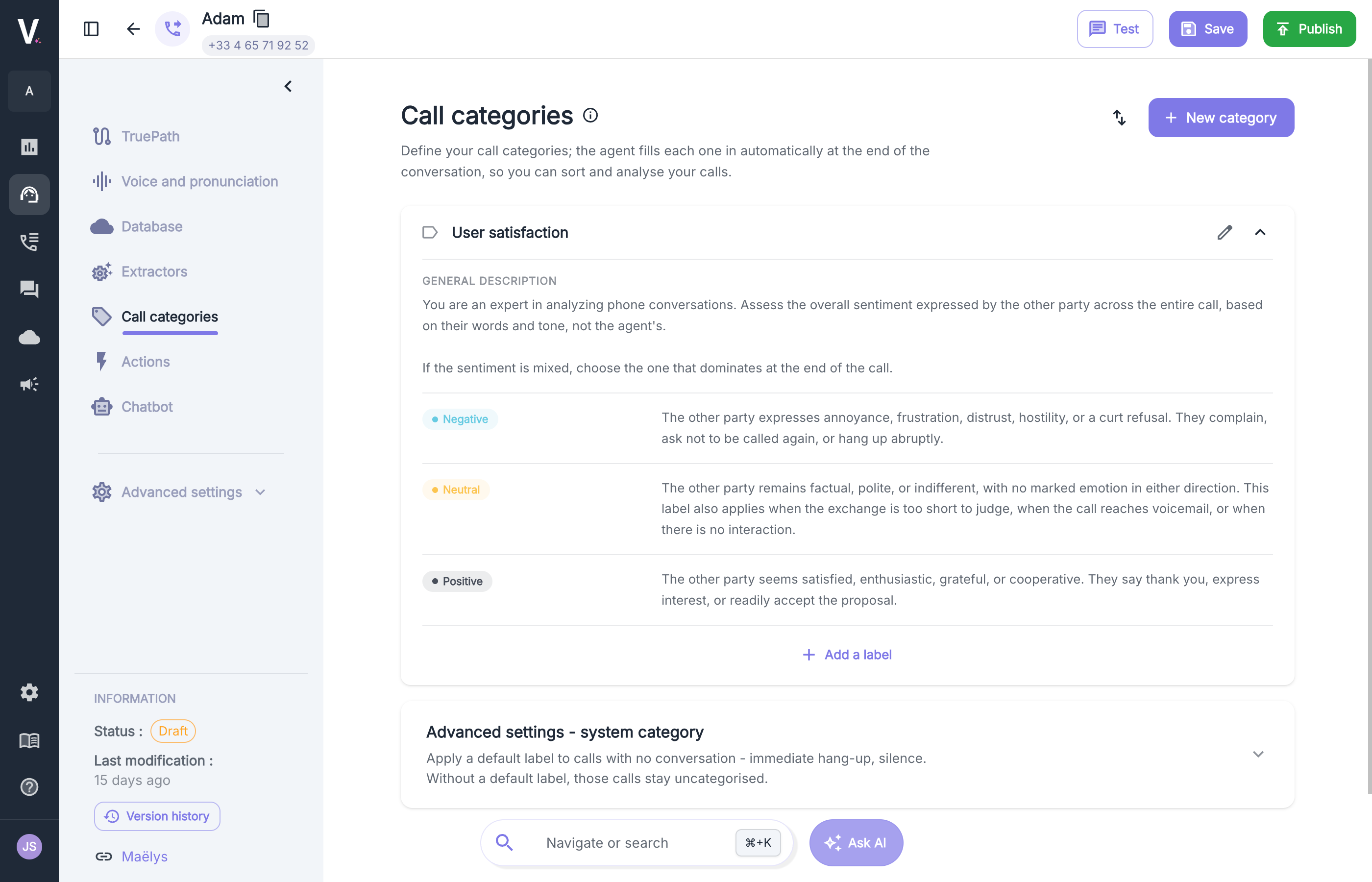 New call category creation window