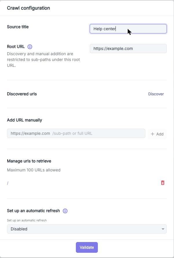 Web page crawl configuration