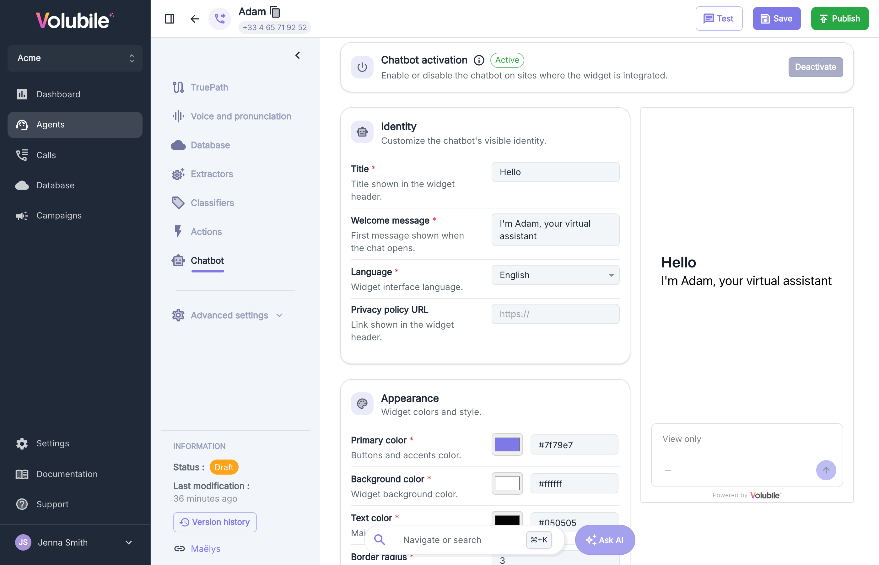 Écran de configuration du chatbot avec l'aperçu en temps réel à droite