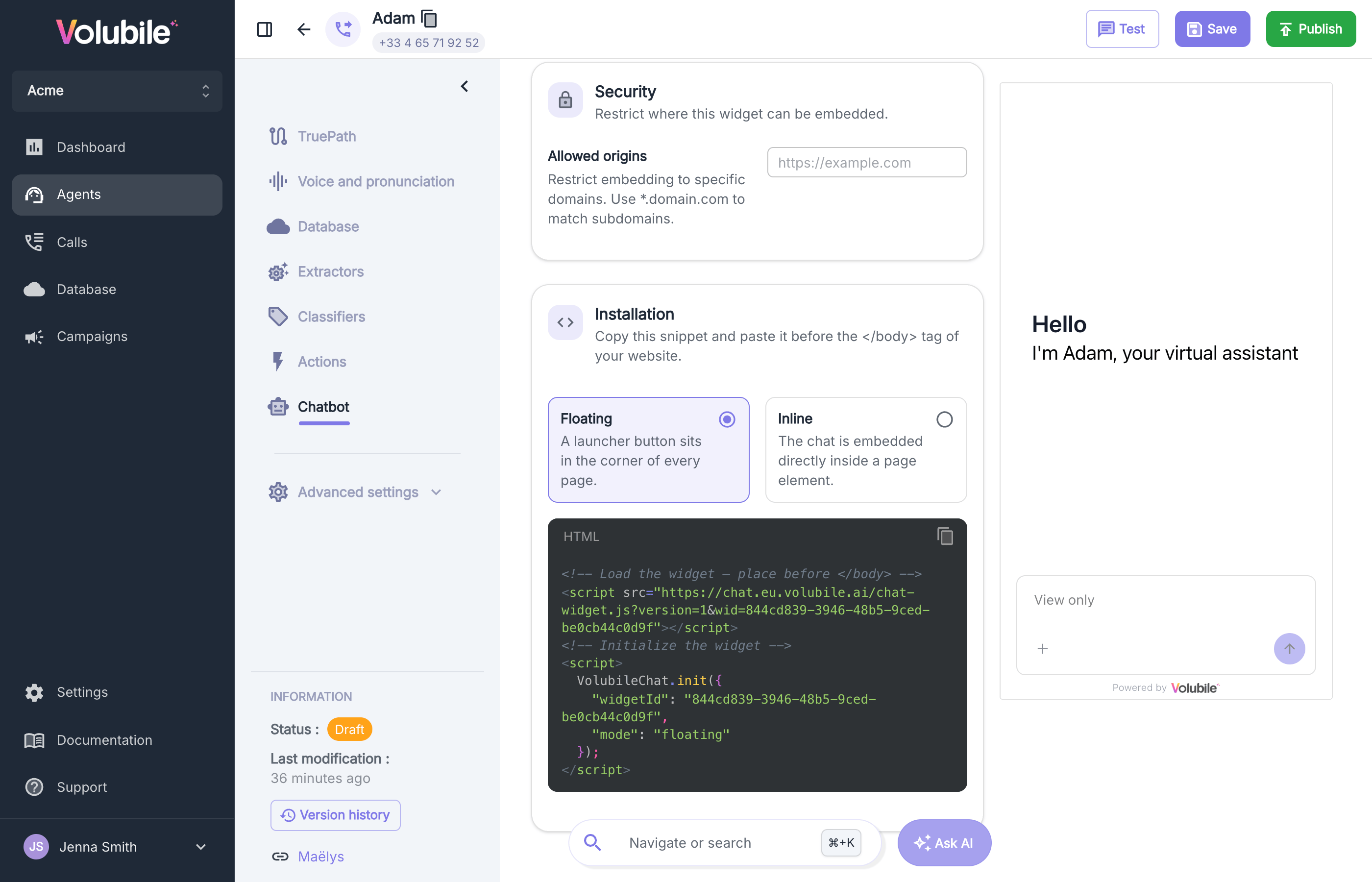 Installation section showing the widget snippet and integration modes