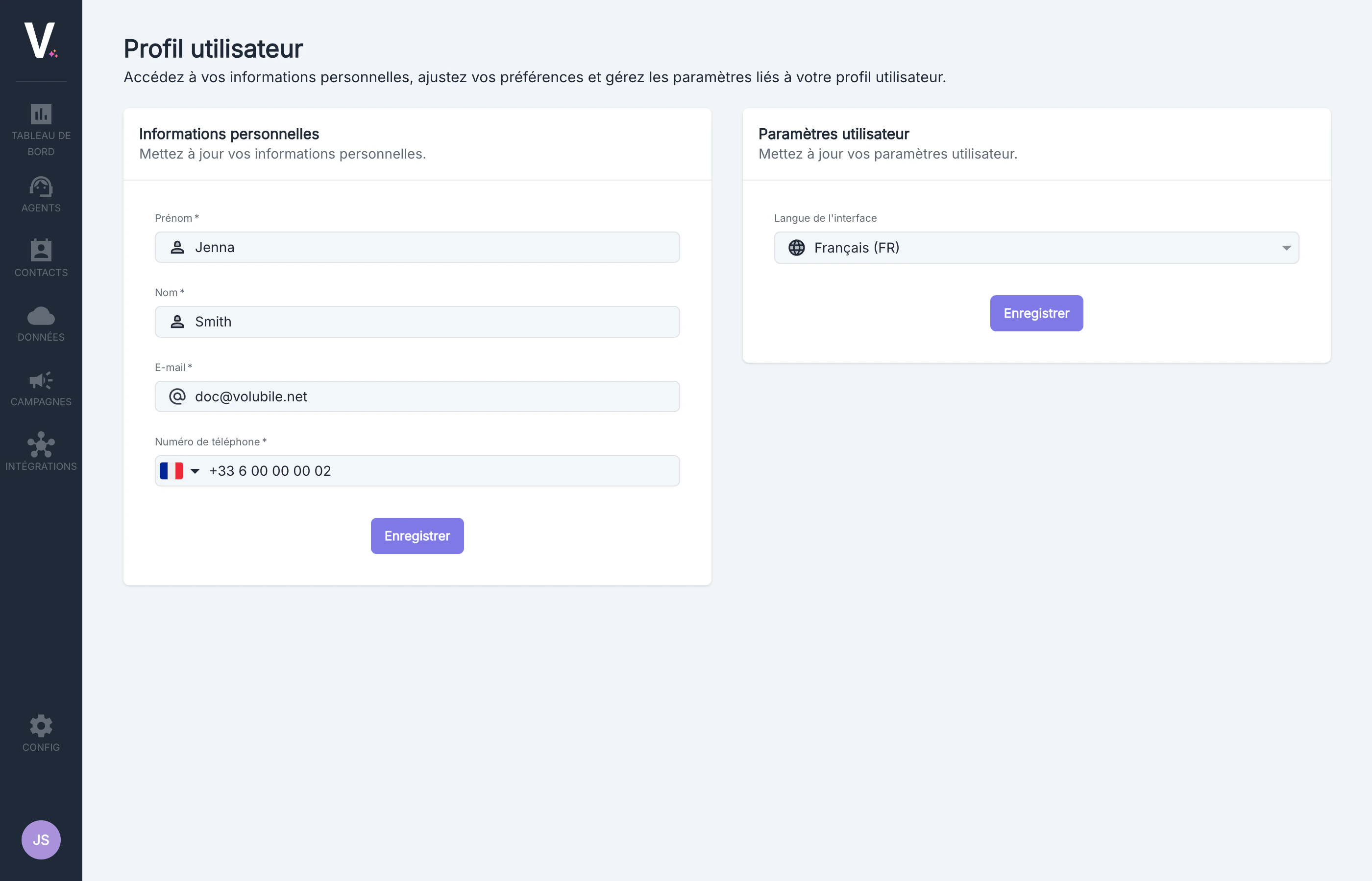 Volubile user profile interface