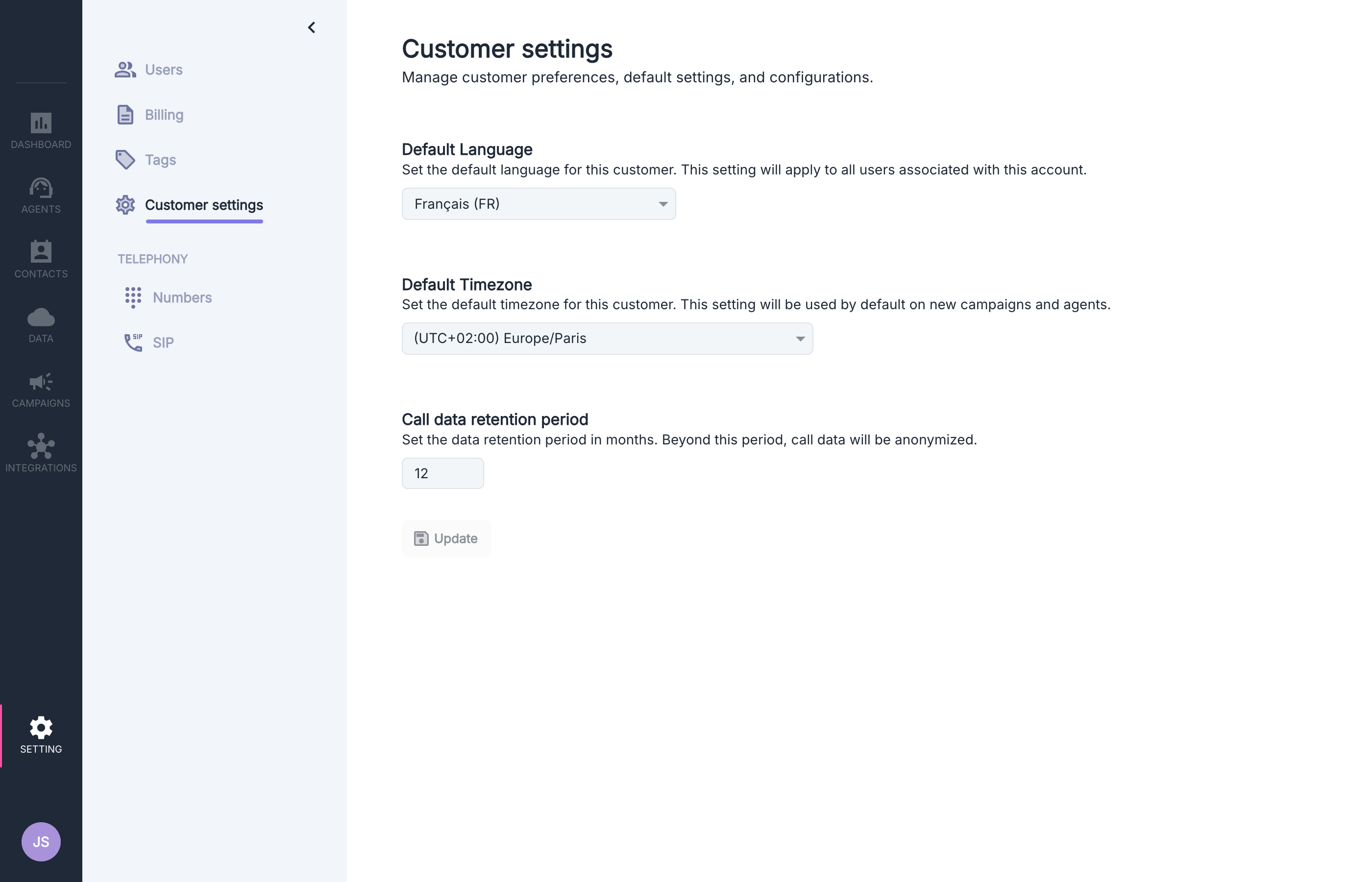 Interface des paramètres client