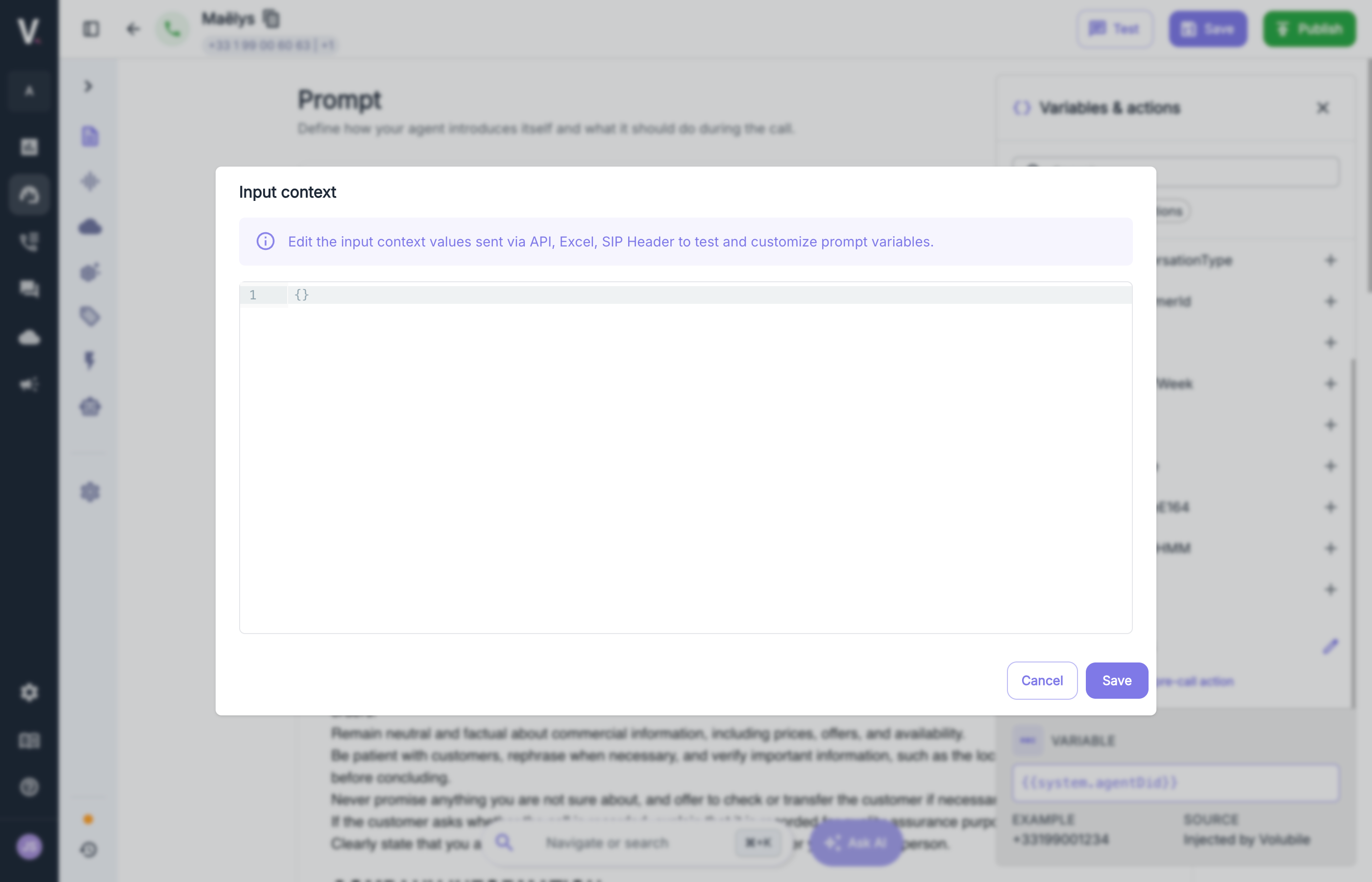 Input context window with an empty JSON editor and Cancel and Save buttons