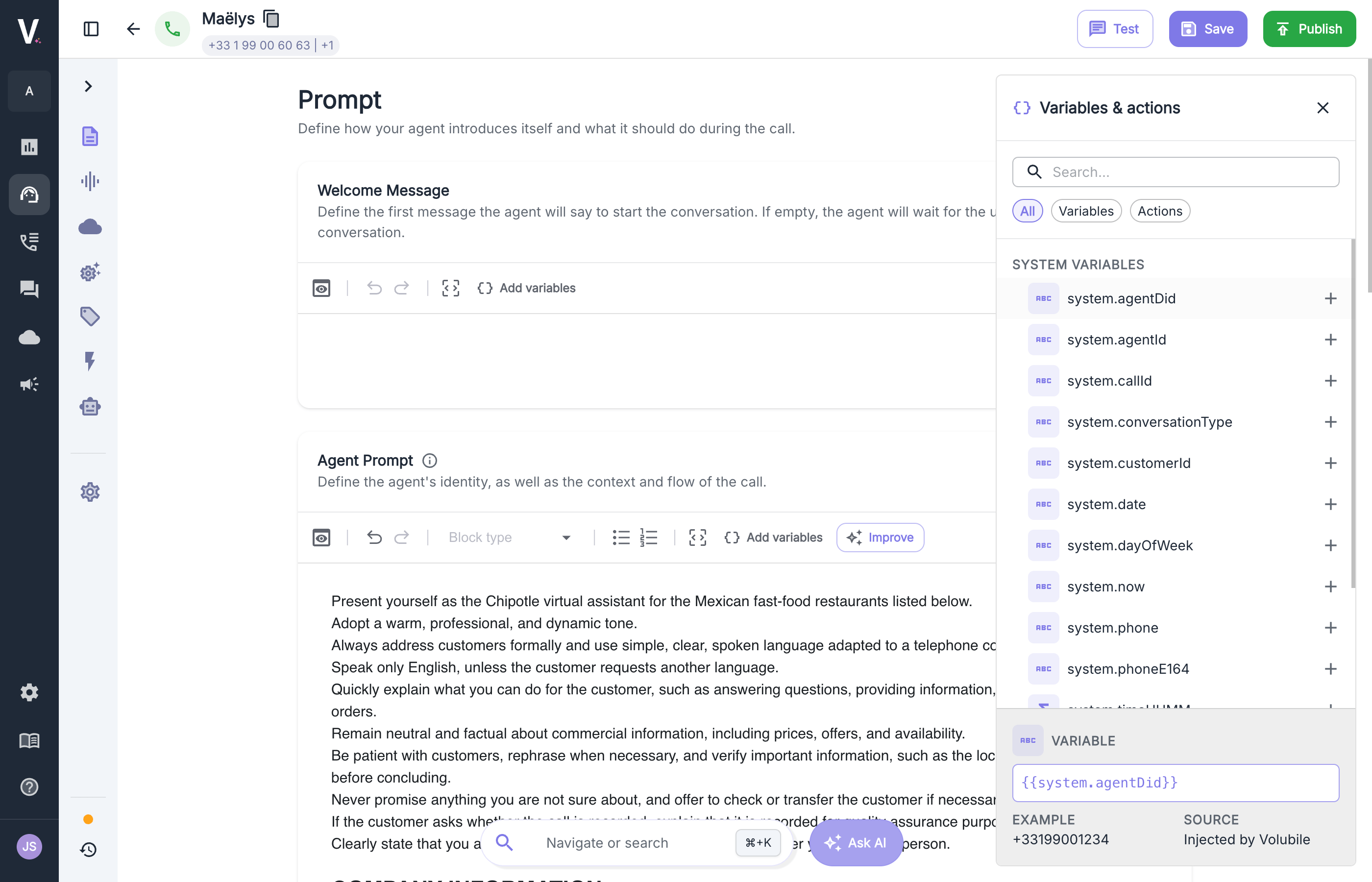 Variables & actions panel open on the right of the prompt editor, listing system variables and showing the details of system.agentDid