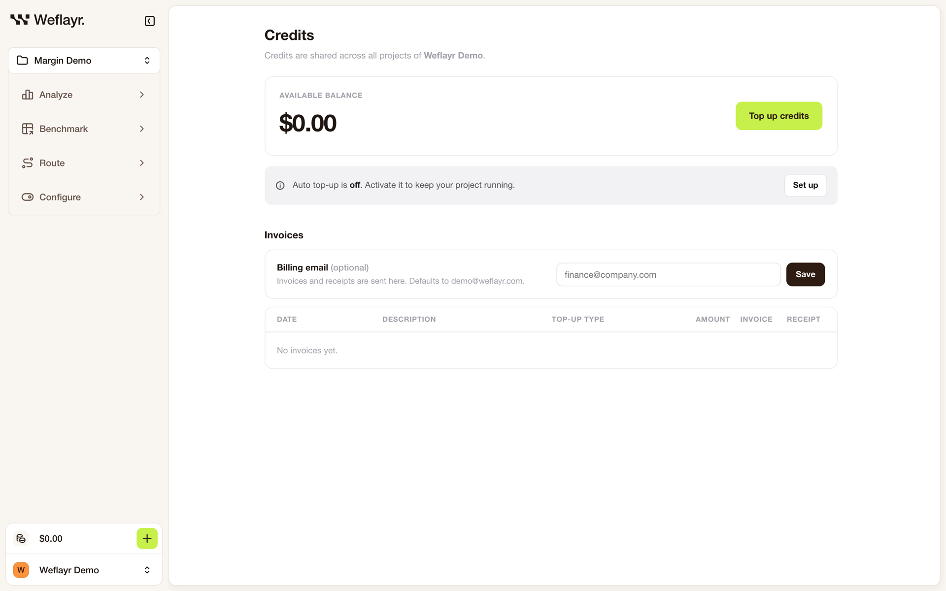 Credits page with the available balance, auto top-up and invoices