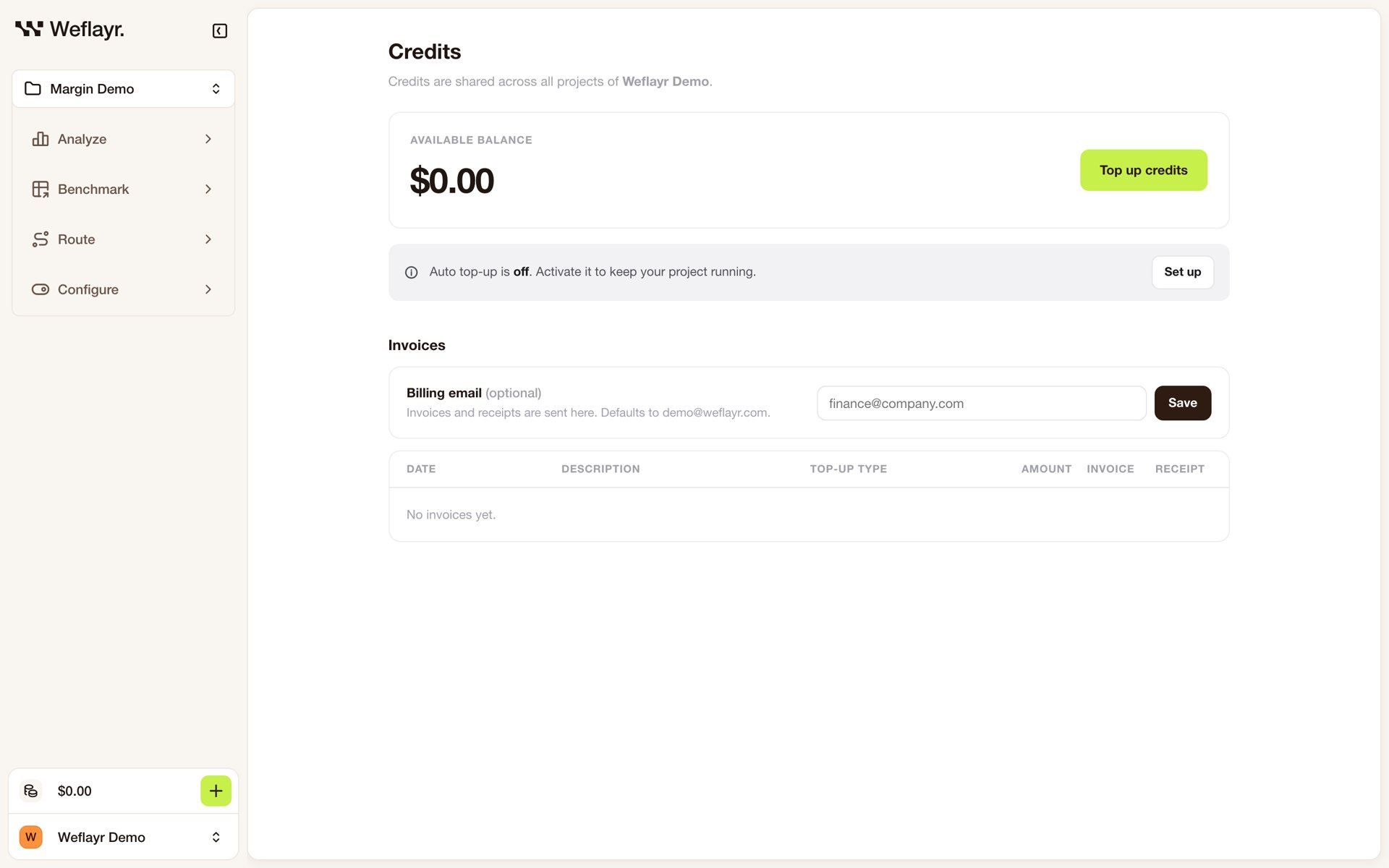 Credits page with the available balance, auto top-up and invoices