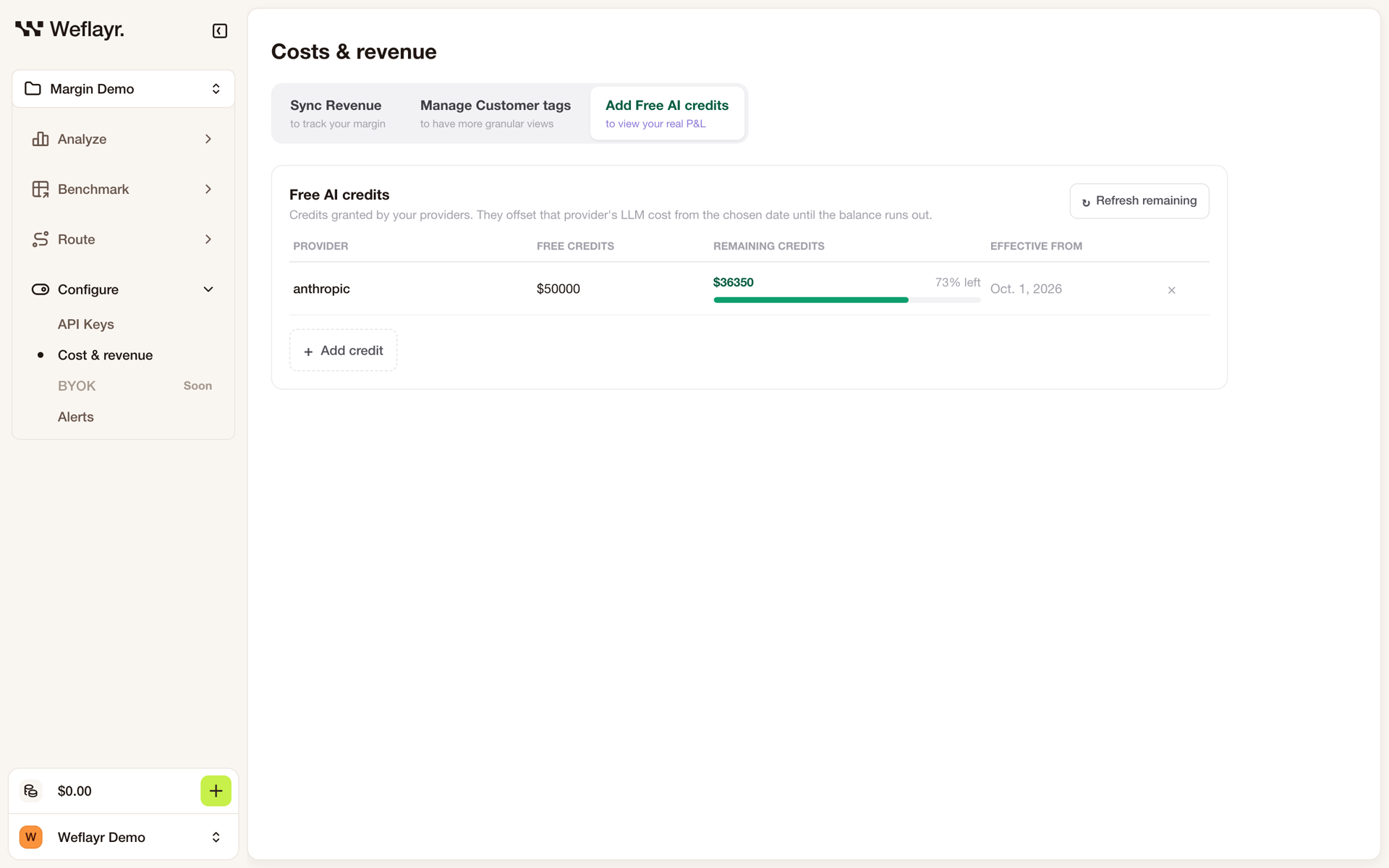 Add Free AI credits tab with an Anthropic credit and its remaining balance