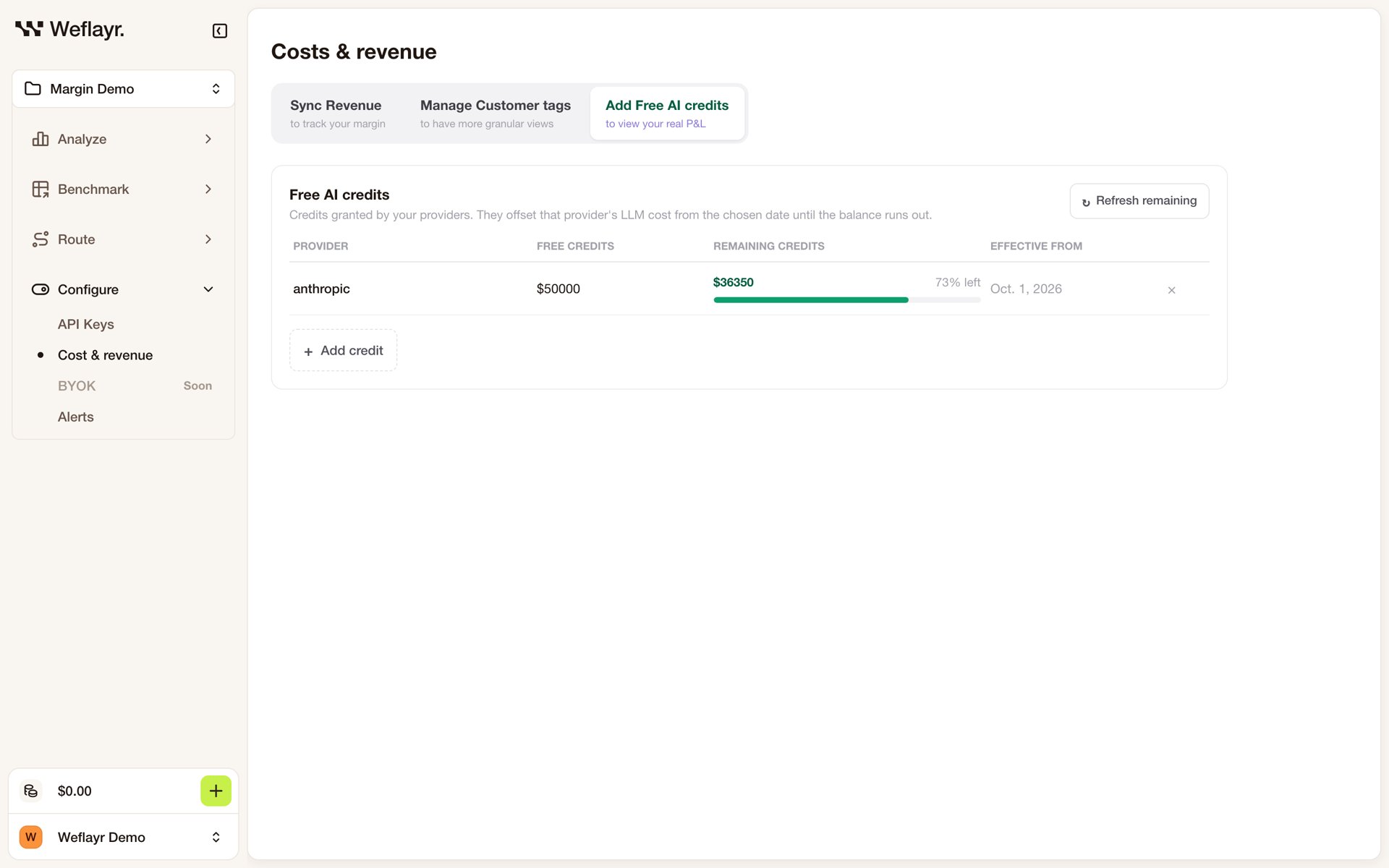 Add Free AI credits tab with an Anthropic credit and its remaining balance