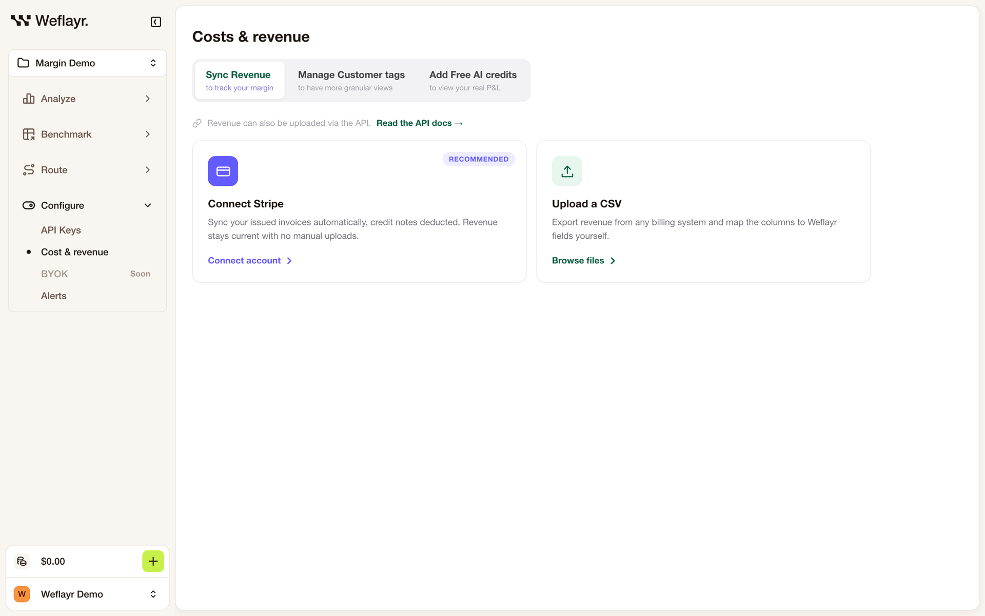 Sync Revenue tab with the Connect Stripe and Upload a CSV options