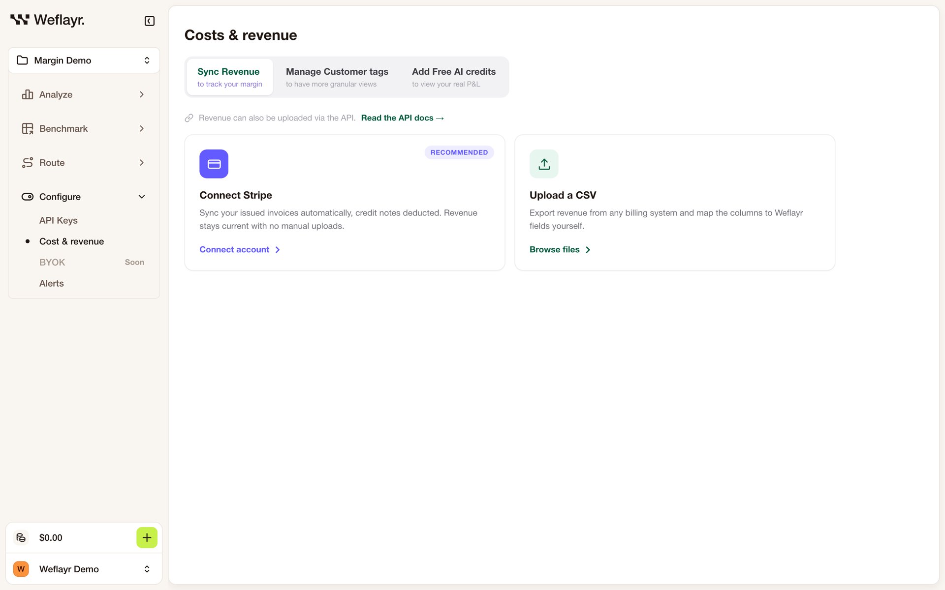 Sync Revenue tab with the Connect Stripe and Upload a CSV options