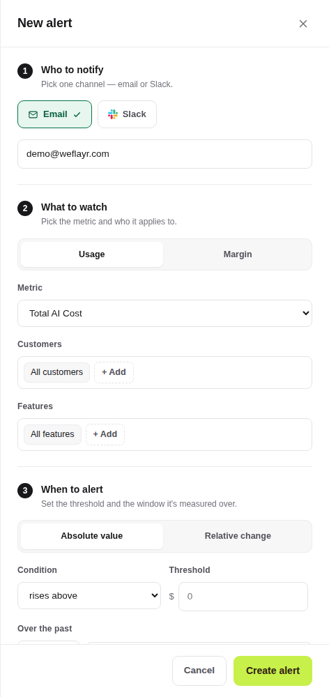 New alert drawer with the metric, customer and feature fields