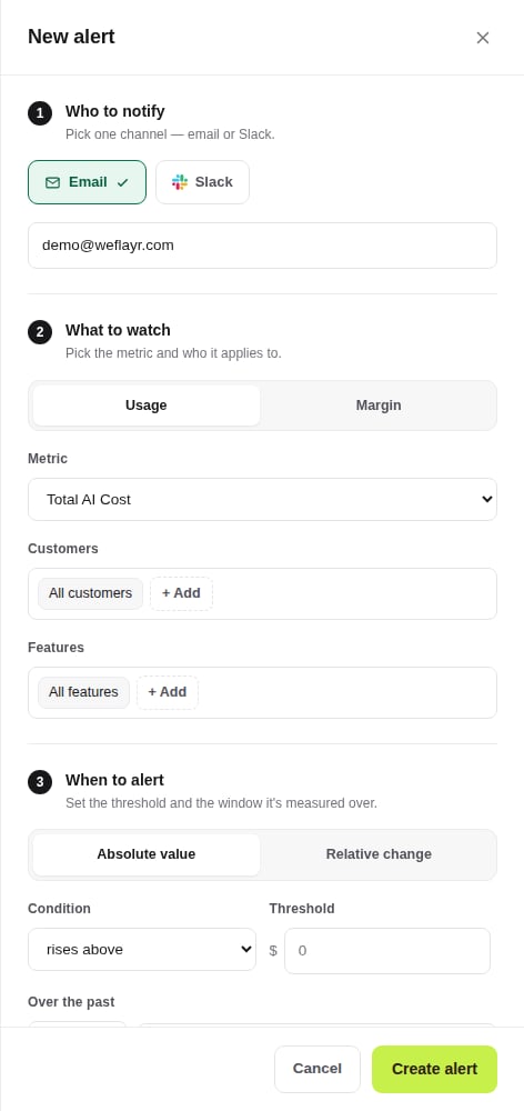 New alert drawer with the metric, customer and feature fields