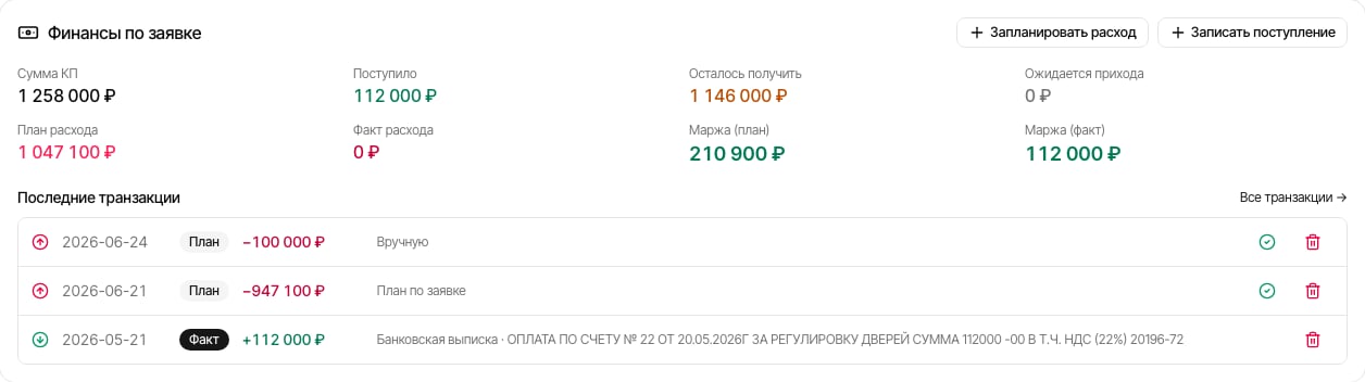 Финансы по заявке