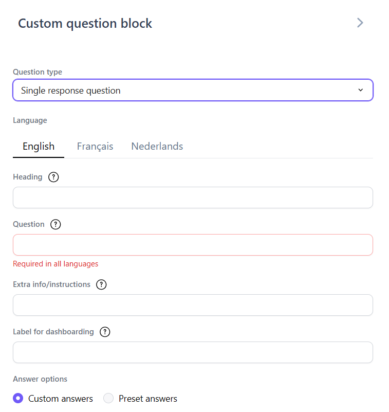 Custom question block form showing Heading, Question, Extra info/instructions, and Label for dashboarding fields