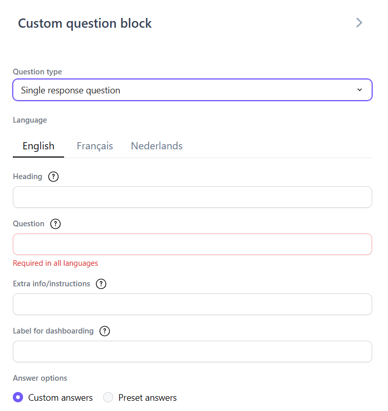 Custom question block form showing Heading, Question, Extra info/instructions, and Label for dashboarding fields