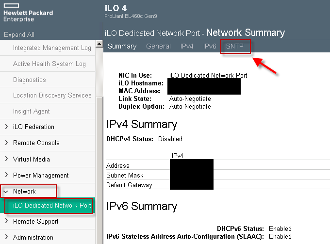 HPE iLO 4 Network Summary page on a ProLiant BL460c Gen9
