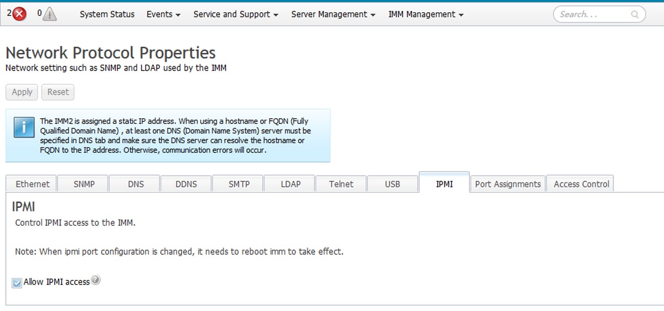 IBM IMM2 Network Protocol Properties IPMI tab with Allow IPMI access enabled